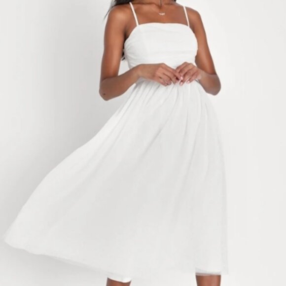 Lulus White Swiss Dot Ruched Midi Dress XL Darling Sweetheart NWT Party - Picture 1 of 10